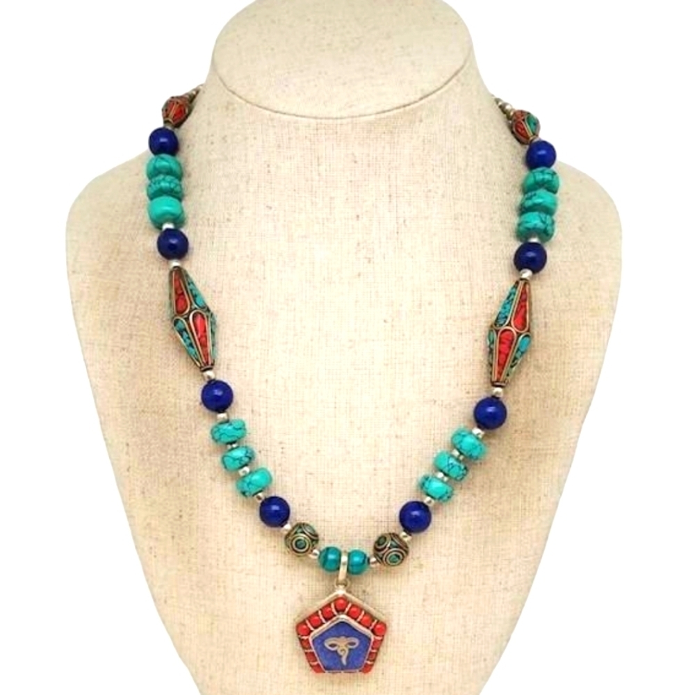 Multi-Stone Inlay Beaded necklace - Turquoise, Coral, Lapis & Silver look.